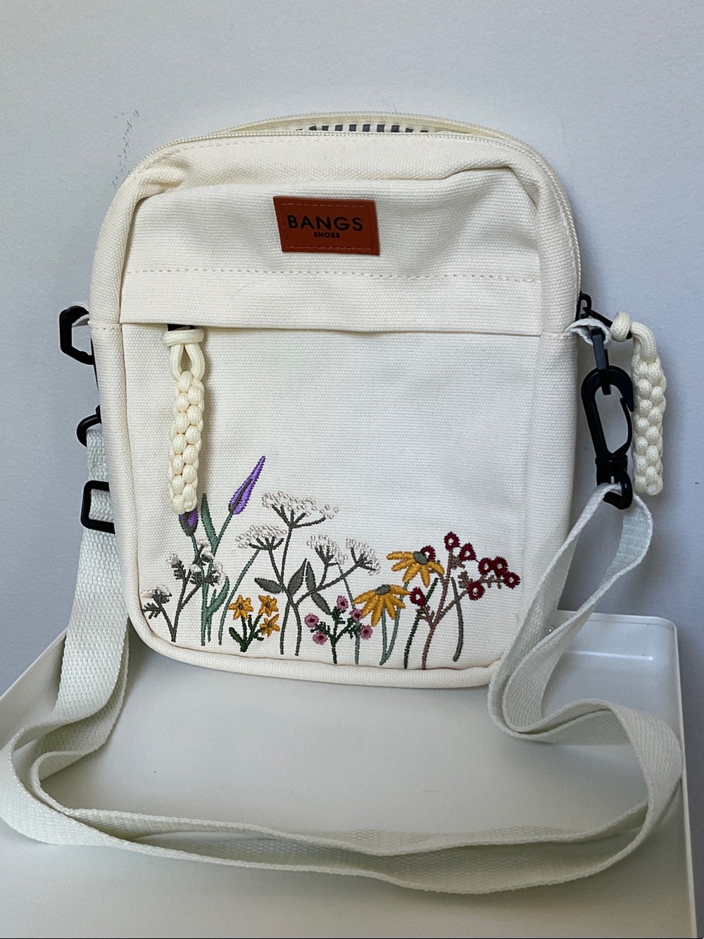 BANGS Cream Floral Embroidered Canvas Crossbody Bag